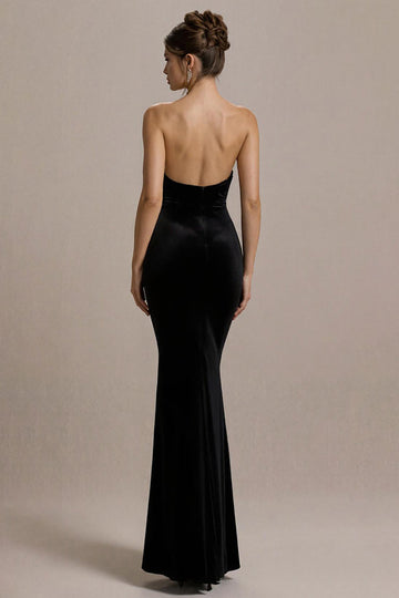 Robe de soirée sirène noire sans bretelles scintillante